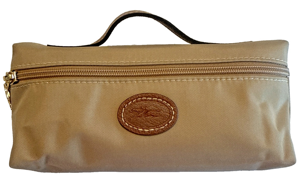 Longchamp Le Pliage Cosmetic Pouch Mini Bag Nylon Leather Toiletry Travel Tan